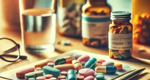 DALL·E 2024-12-18 16.50.07 - An artistic depiction of psychiatric medications, featuring various pills and capsules in vibrant colors arranged neatly on a wooden table. The settin